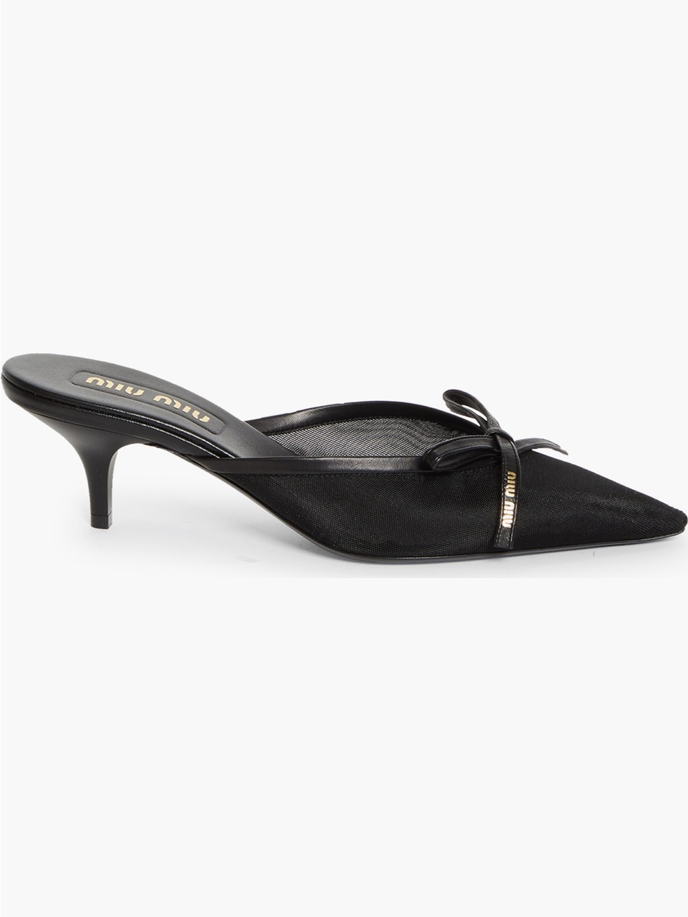 Authentic Miu Miu Black Leather Bow Mesh Fabric 55mm Kitten Heel Mule 8.5US 38EU - Picture 3 of 12